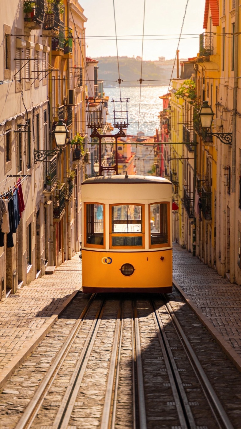 A yellow Lisbon tram on a steep cobbled street, the river behind it.